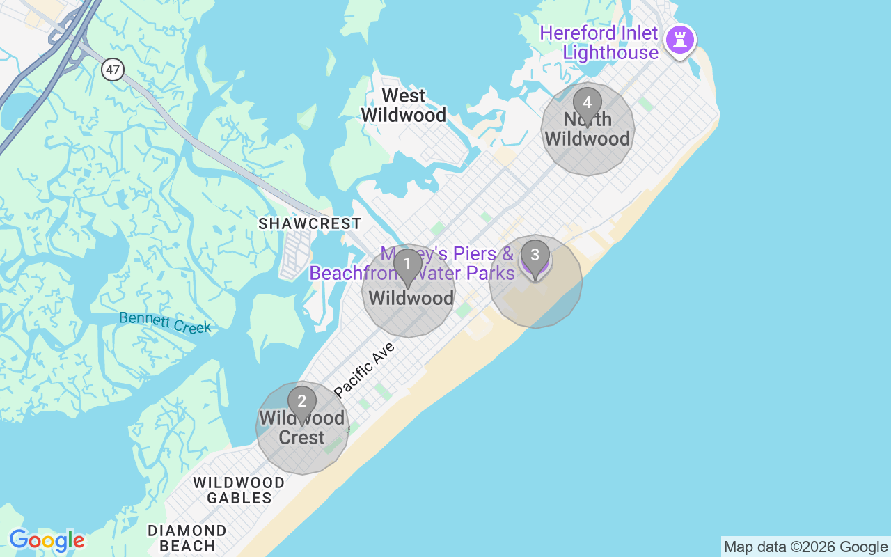 Map of Airbnb guest-review hotspots in Wildwood with location premium circles