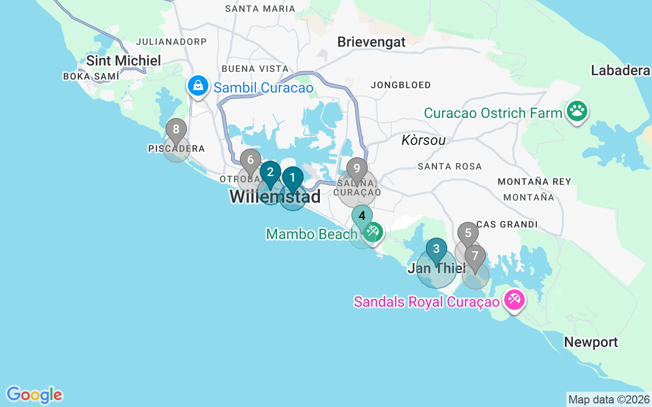 Map of Airbnb guest-review hotspots in Willemstad with location premium circles