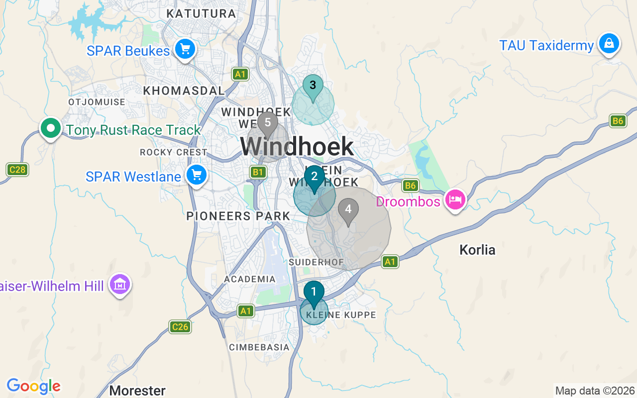 Map of Airbnb guest-review hotspots in Windhoek with location premium circles