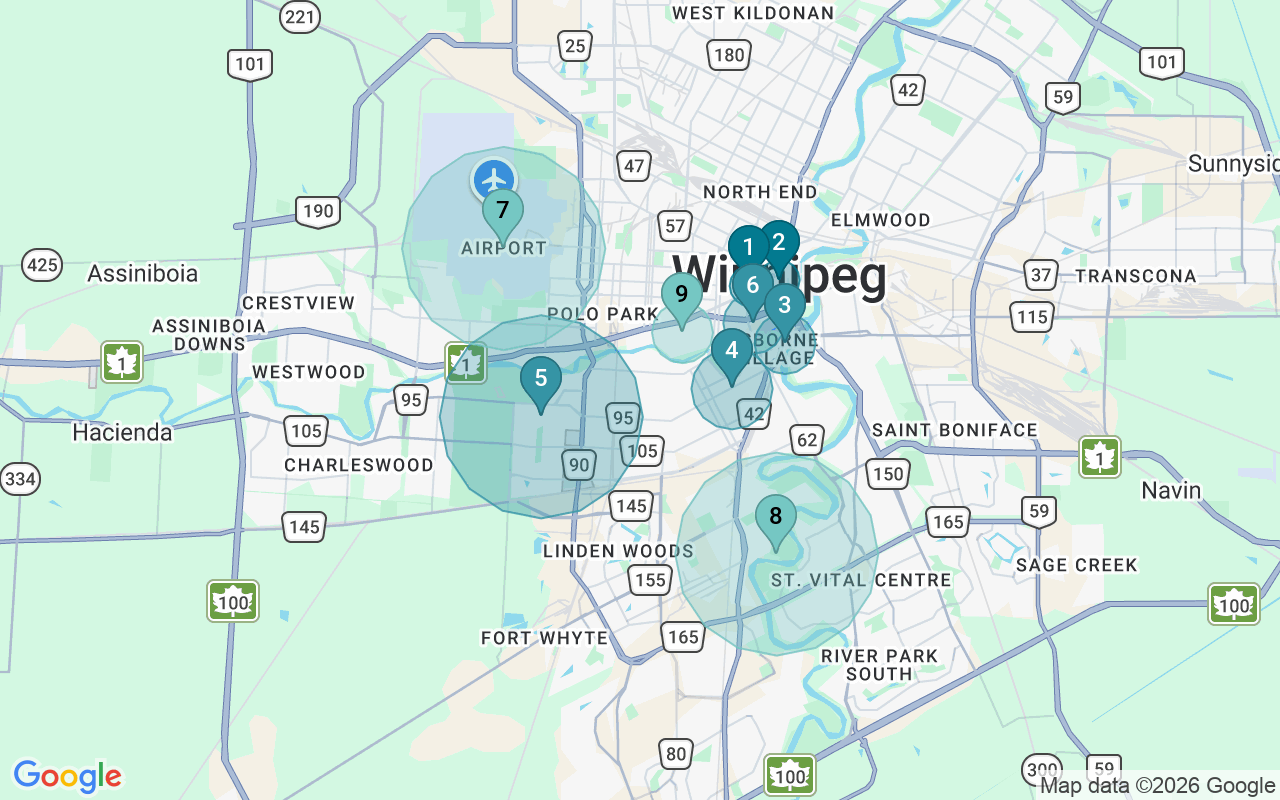 Map of Airbnb guest-review hotspots in Winnipeg with location premium circles