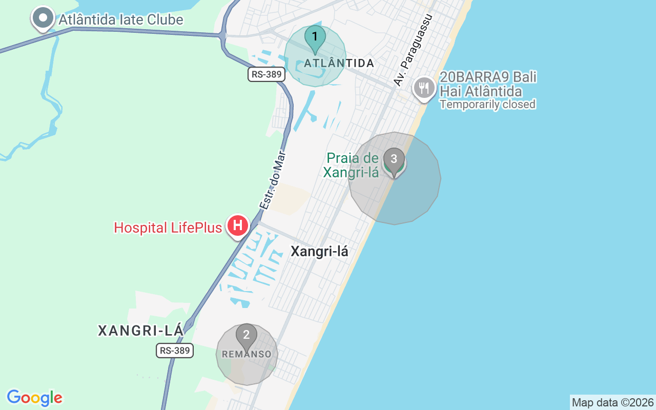 Map of Airbnb guest-review hotspots in Xangri-Lá with location premium circles
