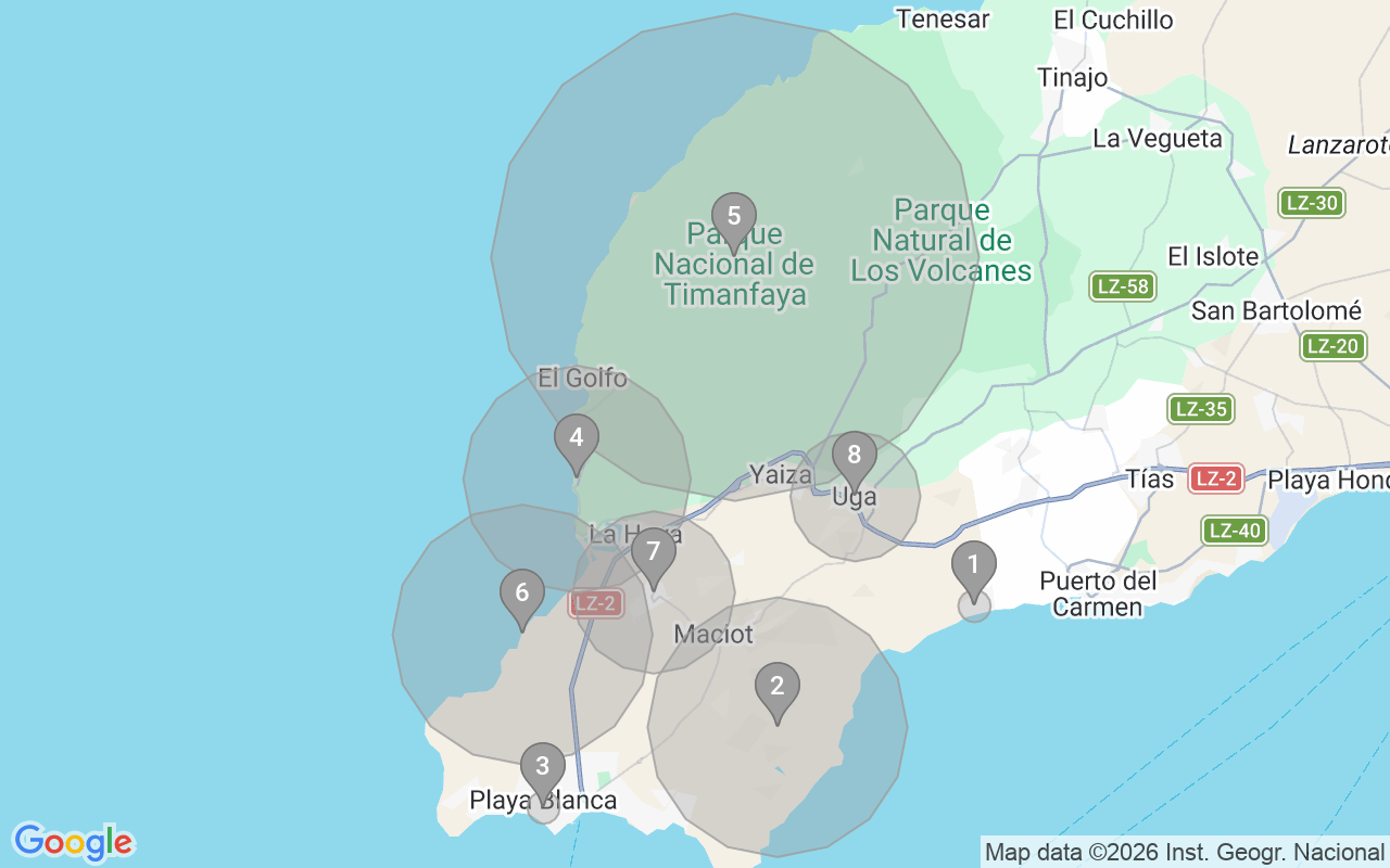 Map of Airbnb guest-review hotspots in Yaiza with location premium circles