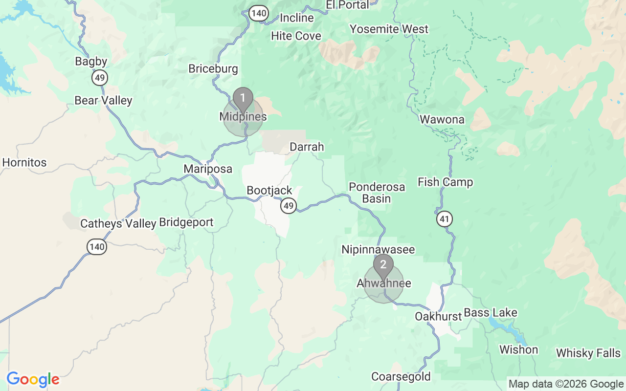 Map of Airbnb guest-review hotspots in Yosemite – Mariposa region with location premium circles