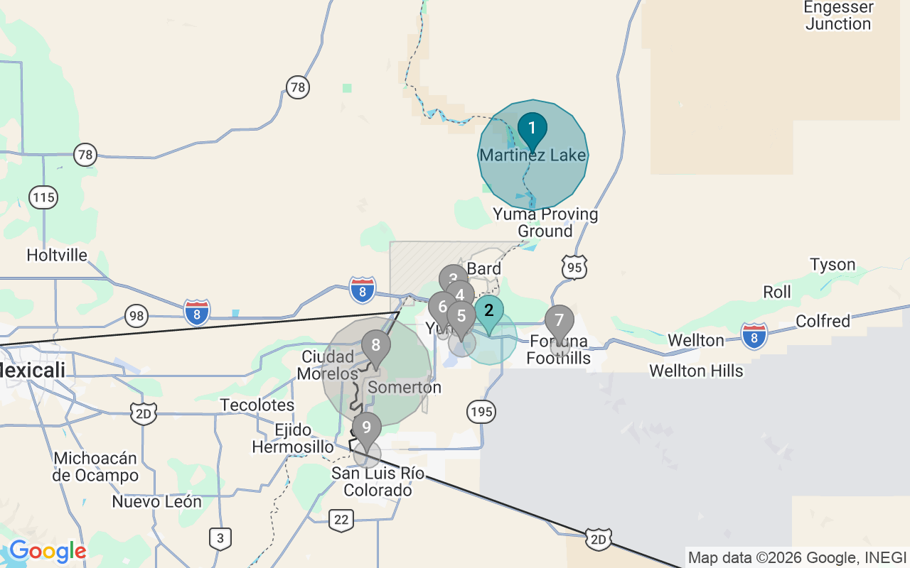 Map of Airbnb guest-review hotspots in Yuma with location premium circles
