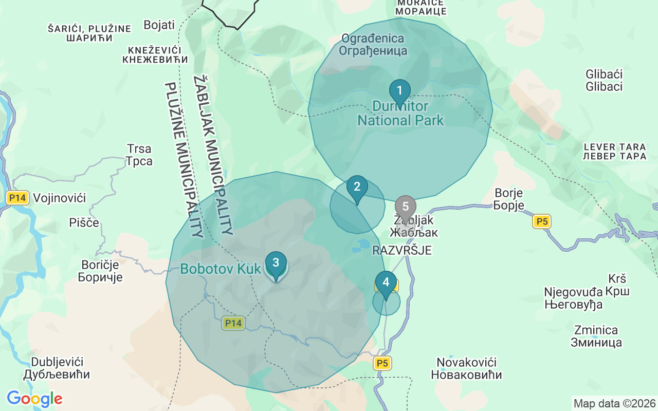 Map of Airbnb guest-review hotspots in Žabljak with location premium circles