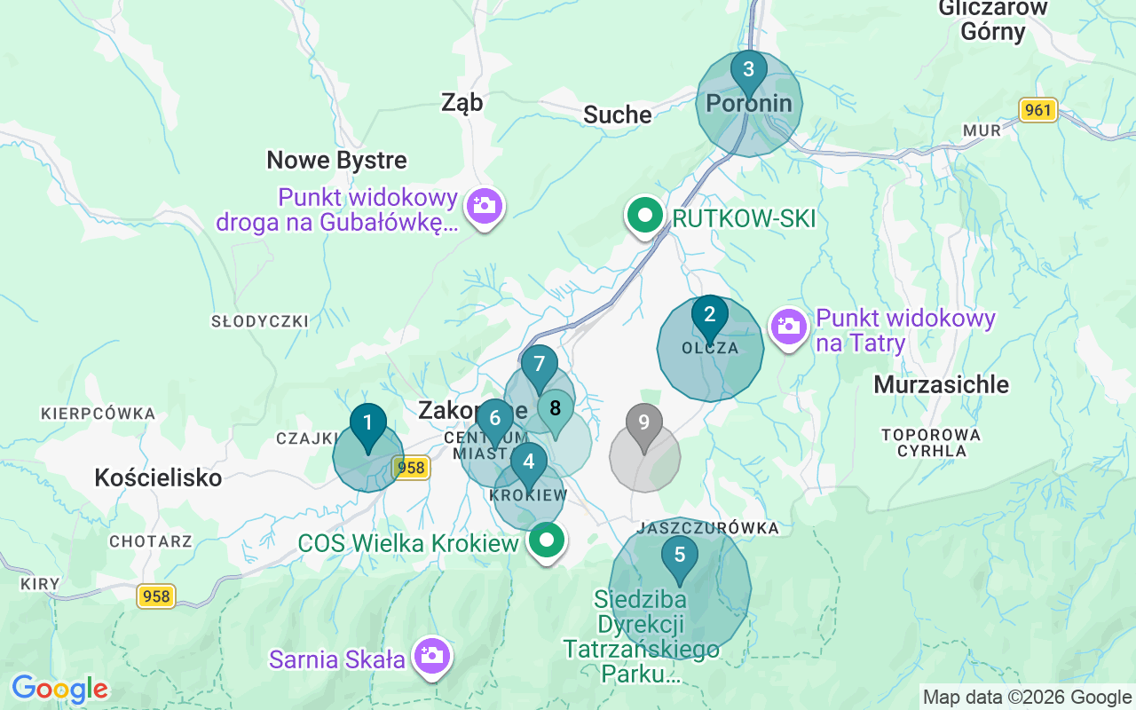 Map of Airbnb guest-review hotspots in Zakopane with location premium circles