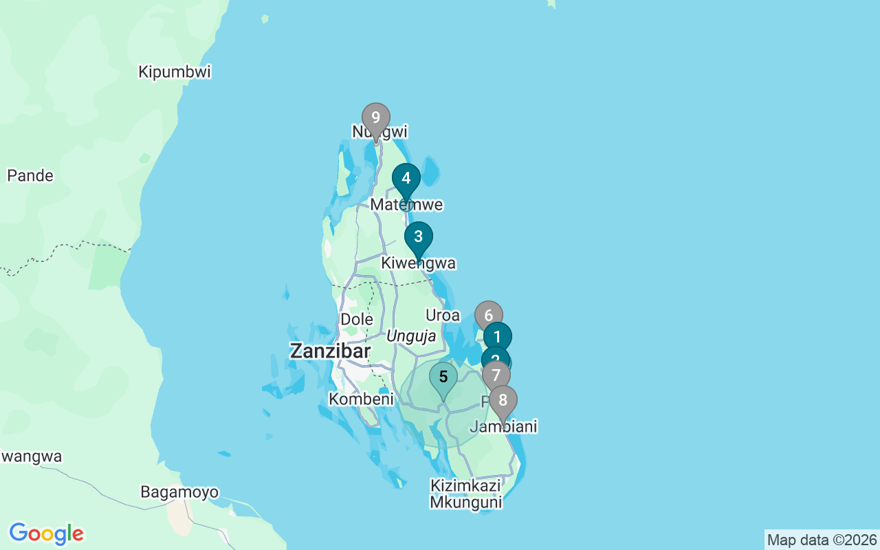Map of Airbnb guest-review hotspots in zanzibar city with location premium circles