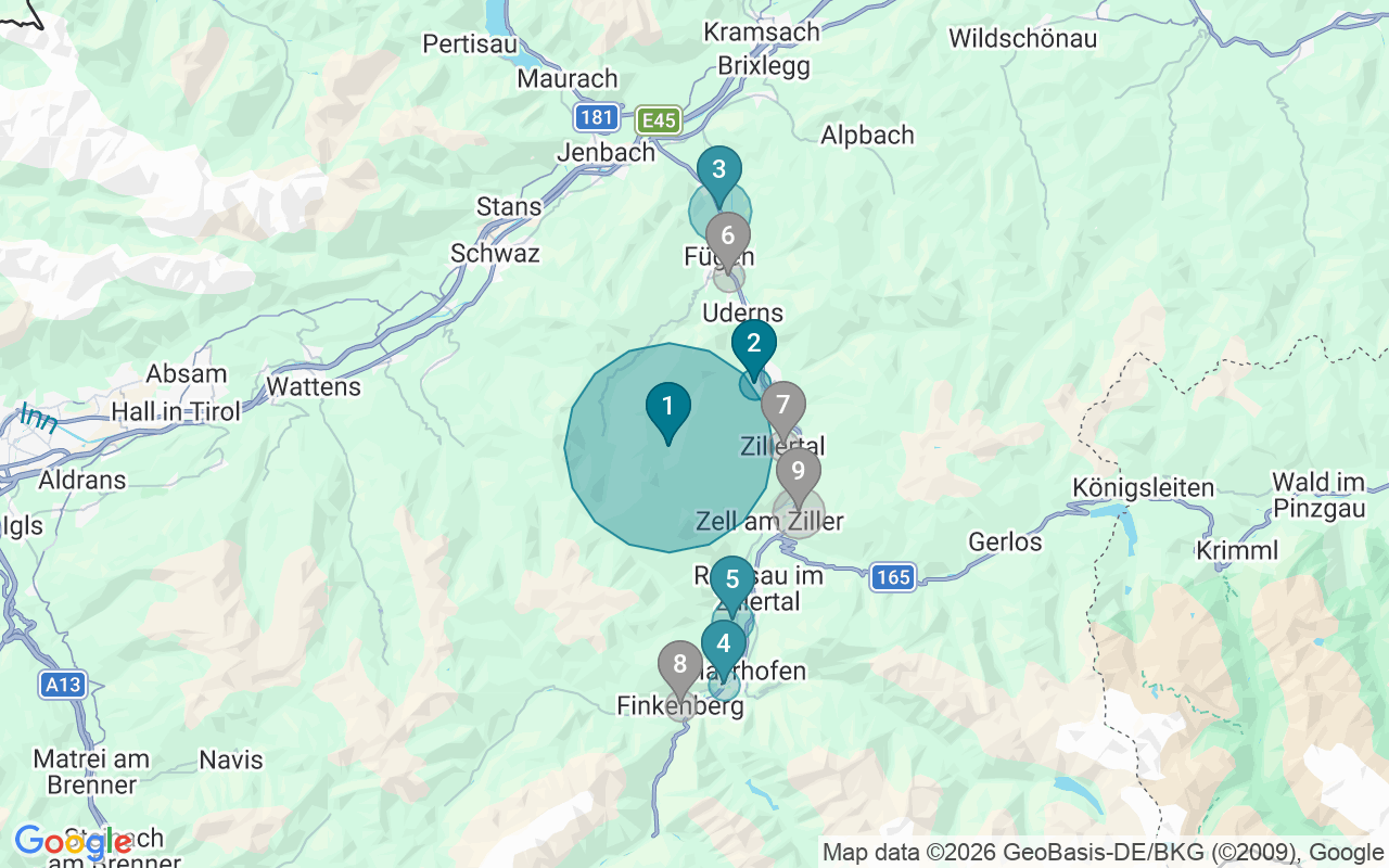 Map of Airbnb guest-review hotspots in Zillertal with location premium circles