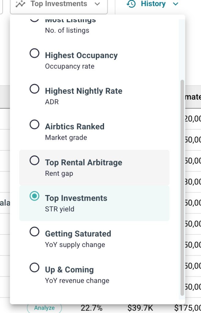 Airbtics Explorer sort options including top investments by STR yield, rental arbitrage by rent gap, occupancy, nightly rate and market grade.