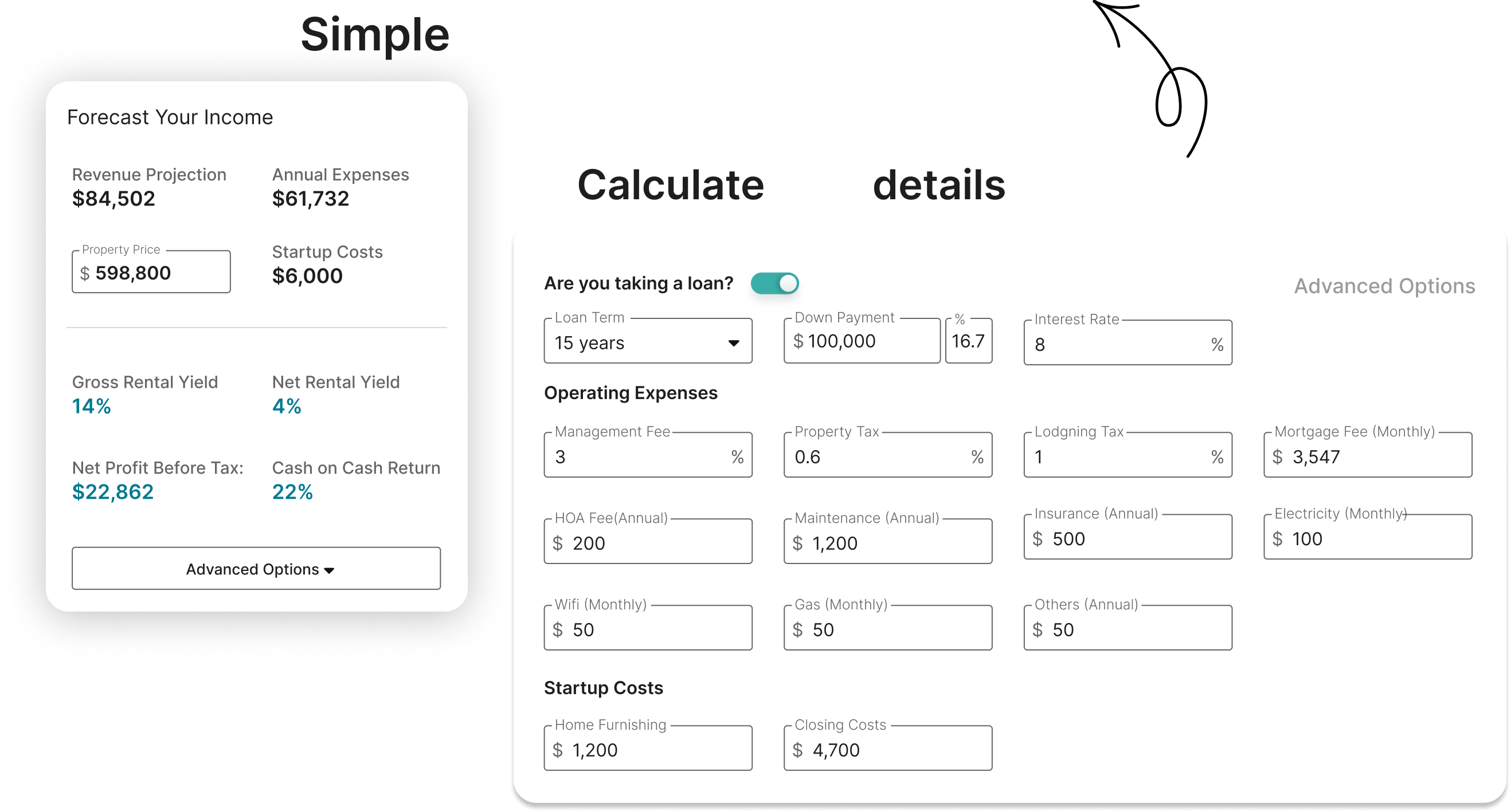 Airbnb revenue calculator example dashboard